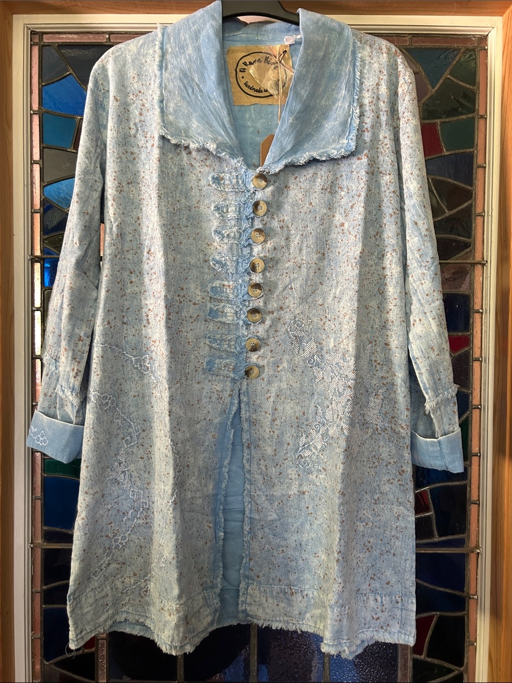 A Rare Bird Jacket Tunic Top Cross Stitch Accent Raw Edge Distressed Long Sleeve